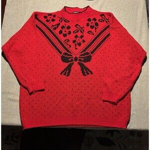 Women’s Vintage Red 80’s 90’s Valentines Day Roses Sweater Medium M Black Red